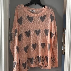 MACARON Peach Knit Heart-Print Distressed Sweater